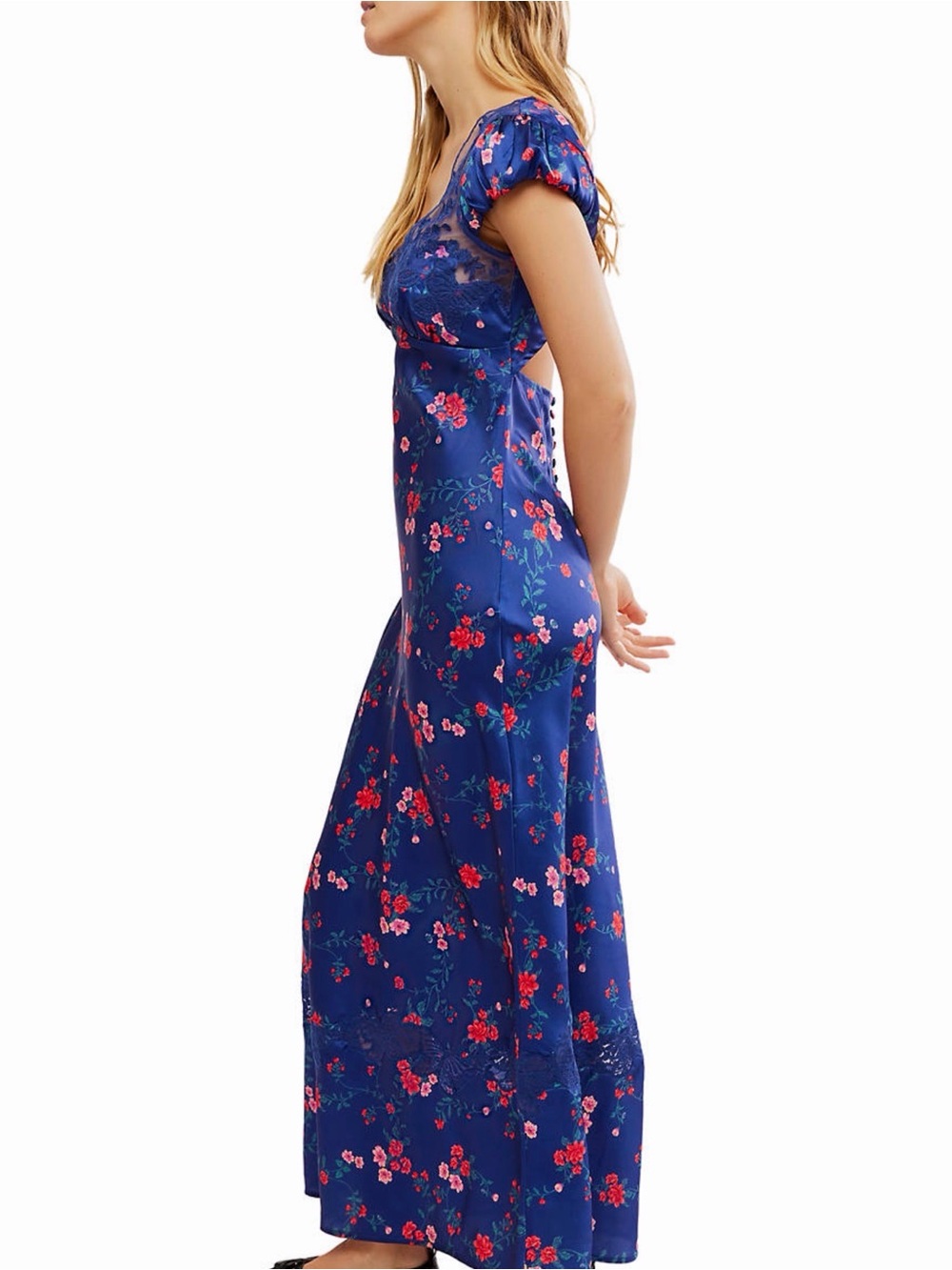 Free People Royal Navy Floral Maxi Dress with Pink & Red Flowers